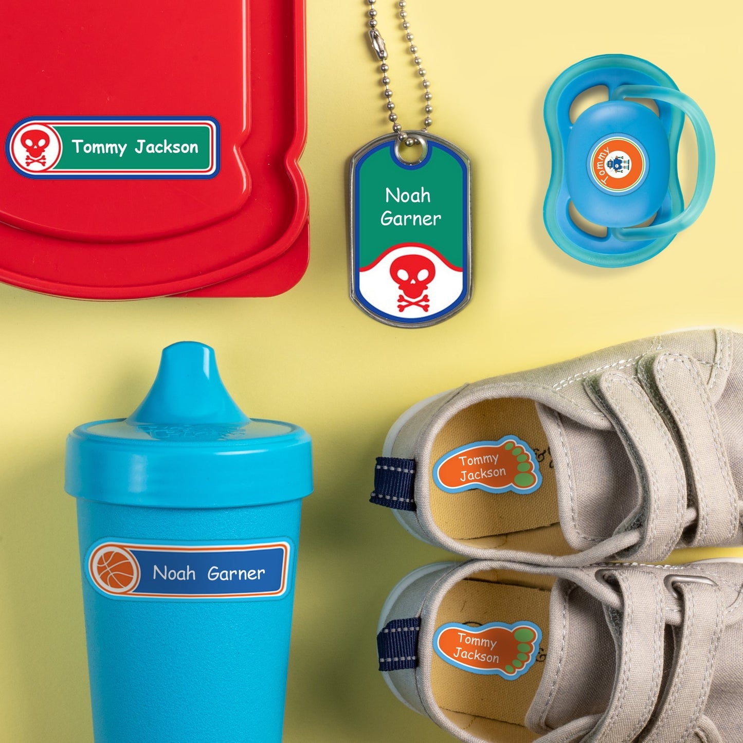 Personalized daycare pack stick on name labels and bag tag applied to sippy cup, pacifier, and shoes