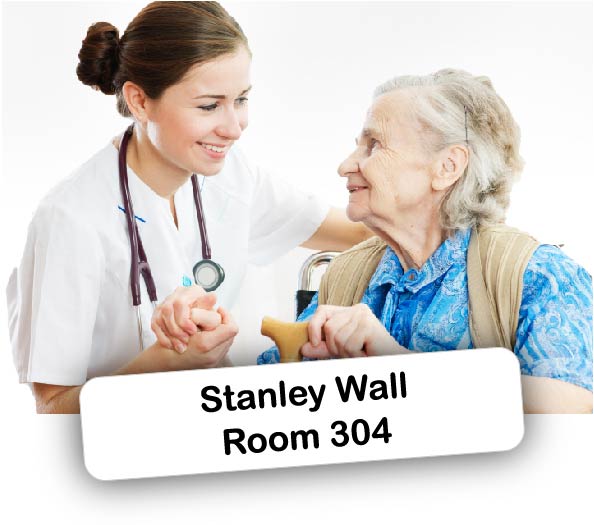Nurse with an elderly woman and an iron on label