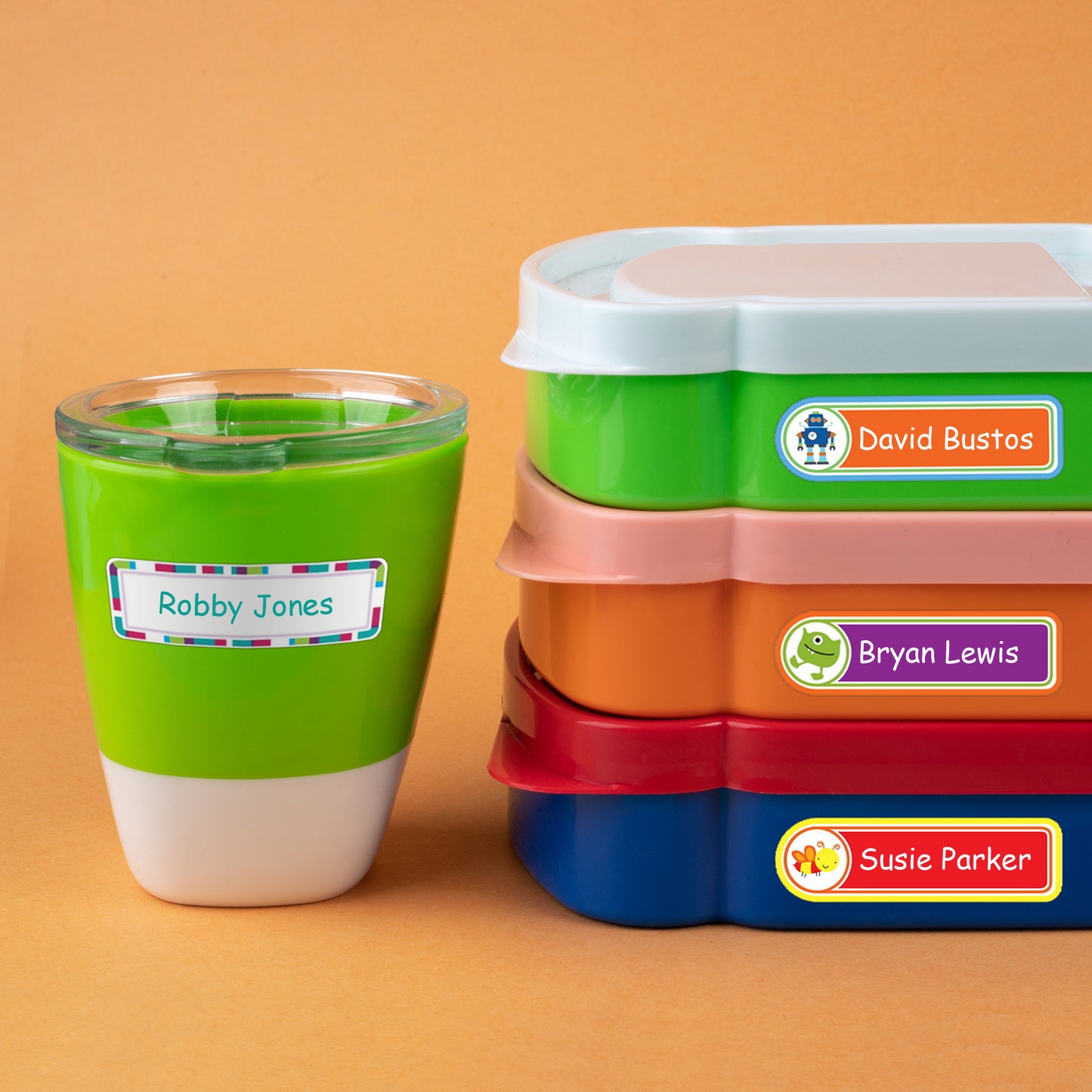 Medium rectangle name labels applied to Tupperware food storage containers tupperware