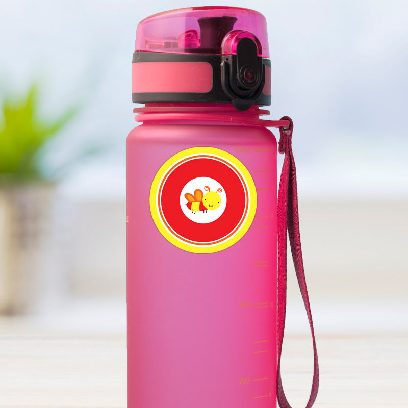 Bee design medium round stick on name label applied to a reusable water bottle