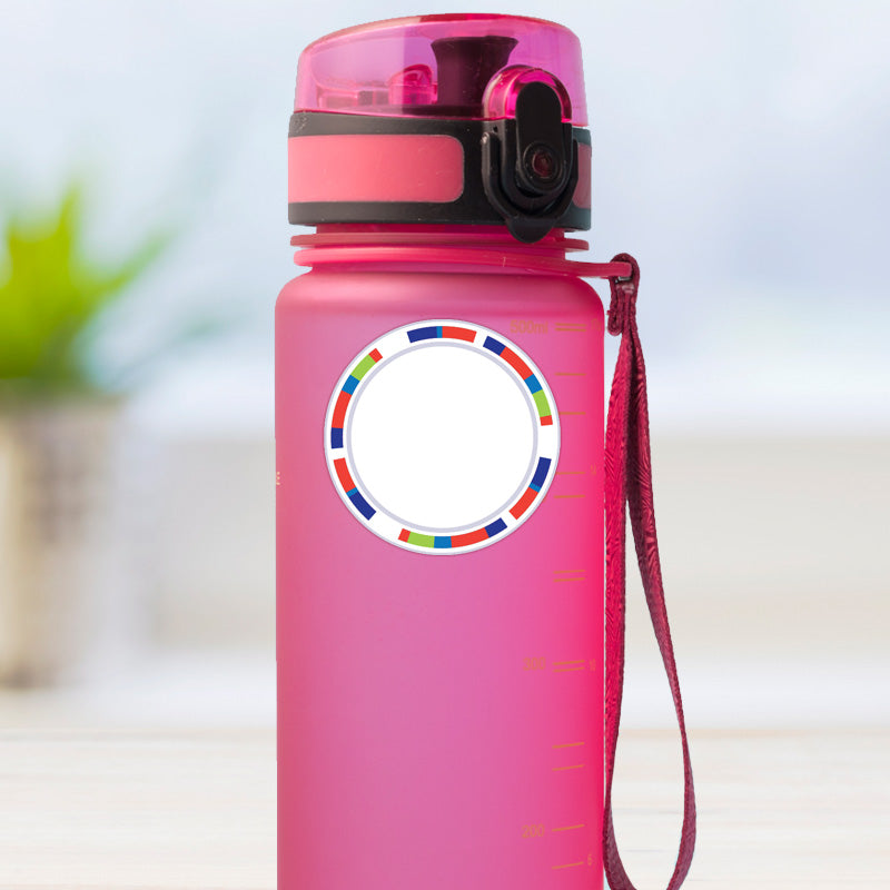 Blue stripes design medium round stick on name label applied to a reusable water bottle