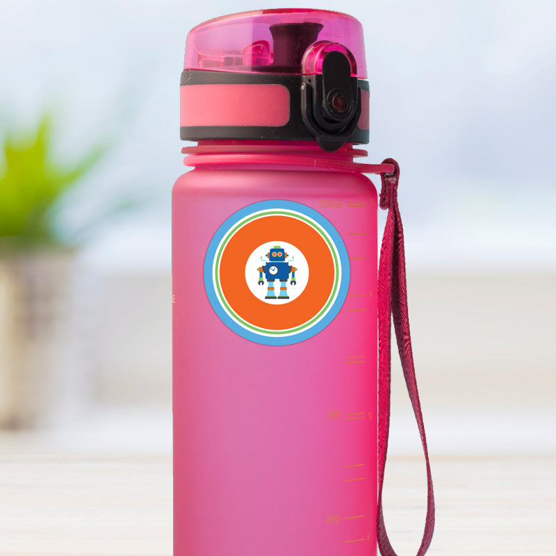 Robot design medium round stick on name label applied to a reusable water bottle