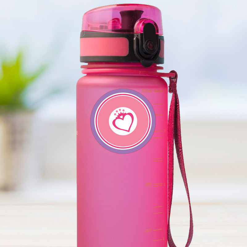 Princess design medium round stick on name label applied to a reusable water bottle