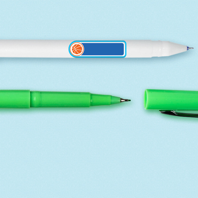 Basketball design mini rectangle name label applied to a pen