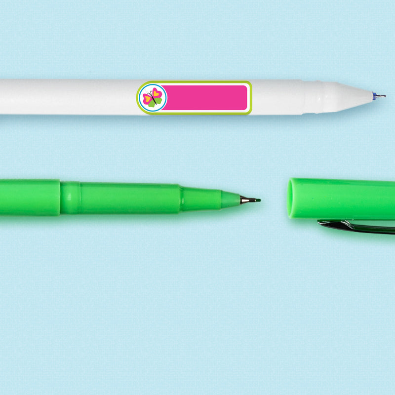 Butterfly design mini rectangle name label applied to a pen