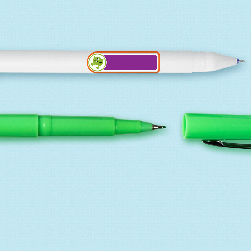 Monster design mini rectangle name label applied to a pen