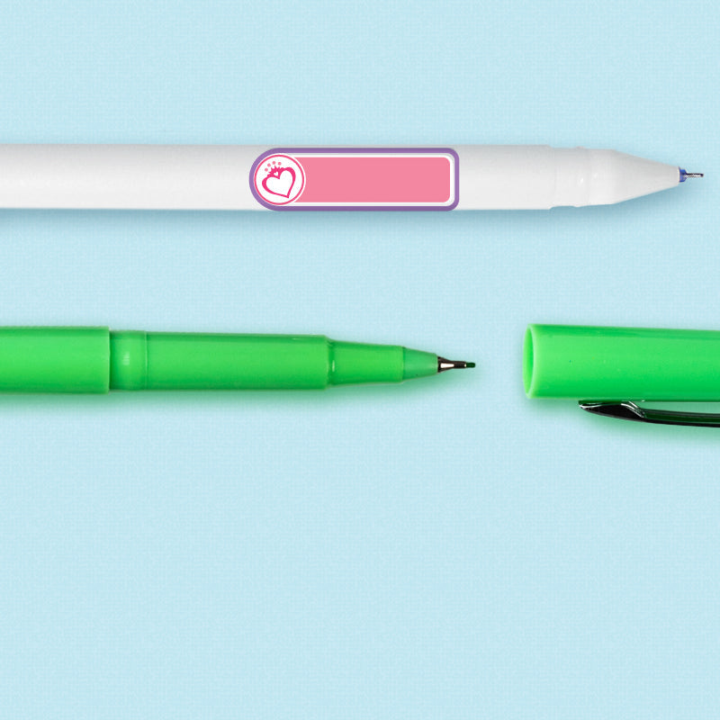 Princess design mini rectangle name label applied to a pen
