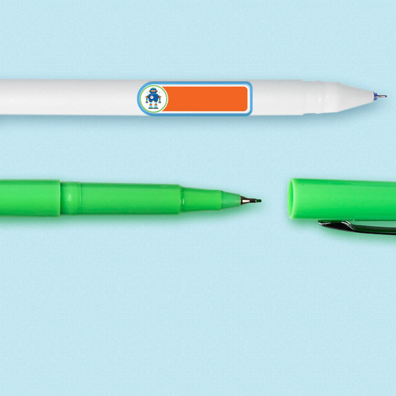 Robot design mini rectangle name label applied to a pen