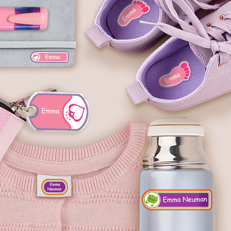 various sized school name labels on different personal belongings including school supplies, clothes and shoes