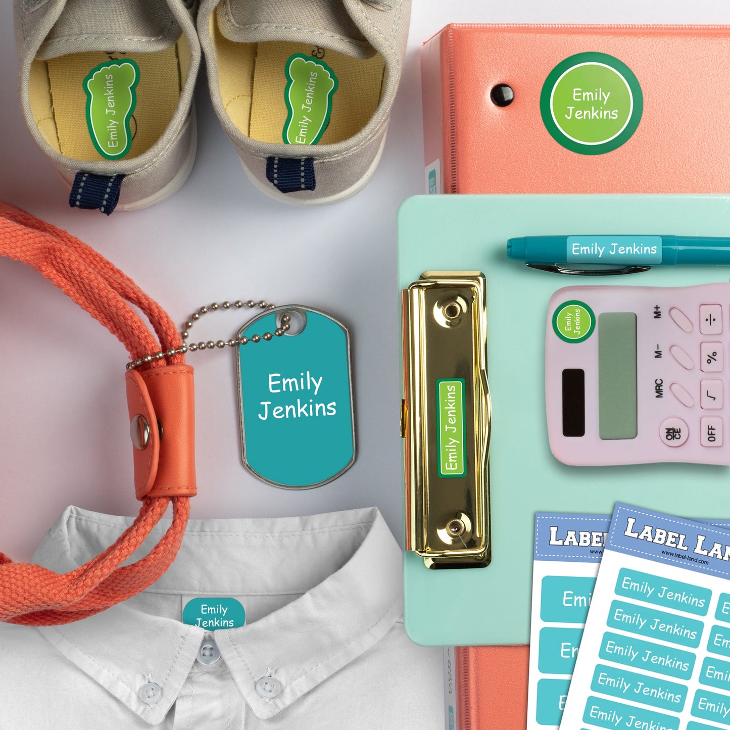 various sized school name labels on different personal belongings including school supplies, clothes and shoes