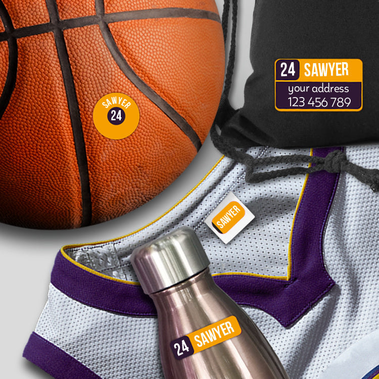 Personalized stick on name labels applied to sports jersey and basketball equipment