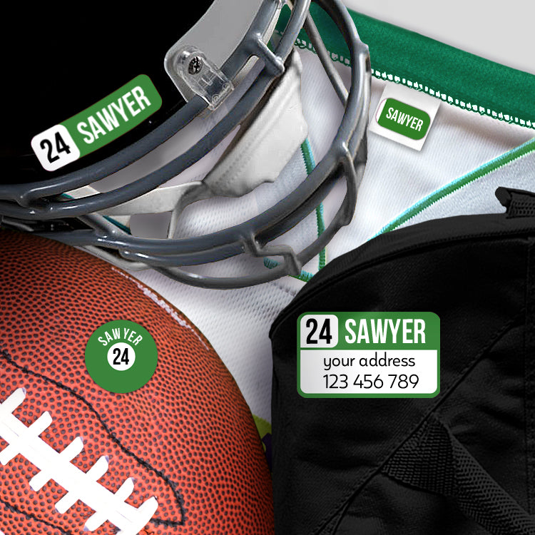 Personalized stick on name labels applied to sports jersey and football equipment