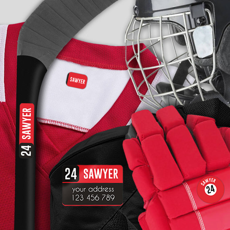 Personalized stick on name labels applied to sports jersey and Hockey equipment