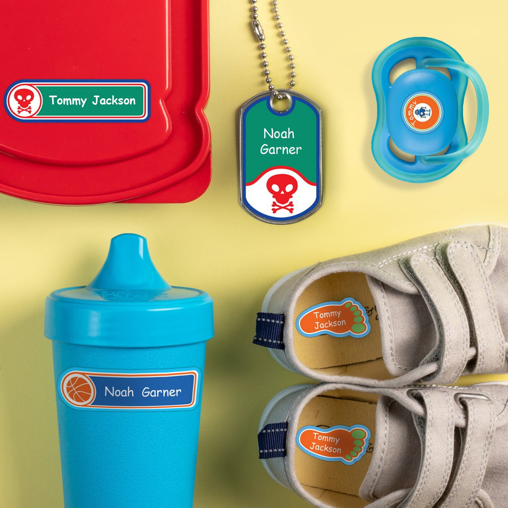 Personalized daycare pack stick on name labels  and bag tag applied to sippy cup, pacifier, and shoes