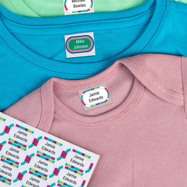 Color stick on name labels on the care tag of t-shirts