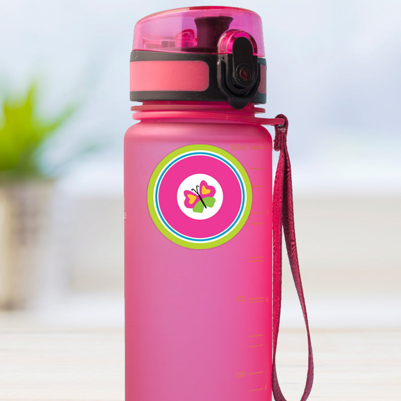 Butterfly design medium round stick on name label applied to a reusable water bottle