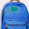 Teal design bag tag attached to backpack 