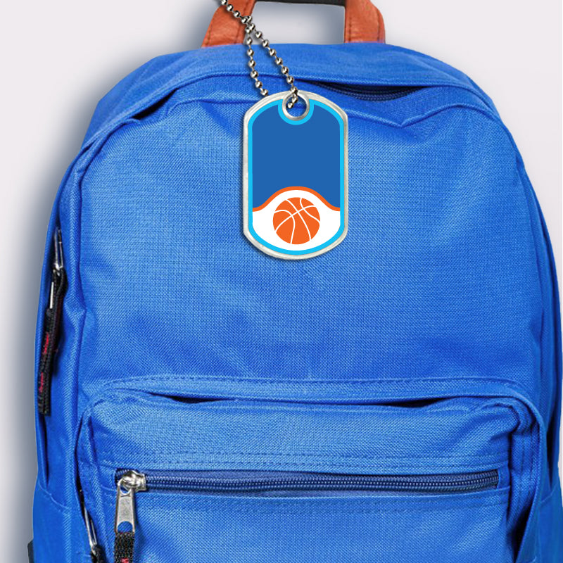 Basketball design bag tag attached to backpack