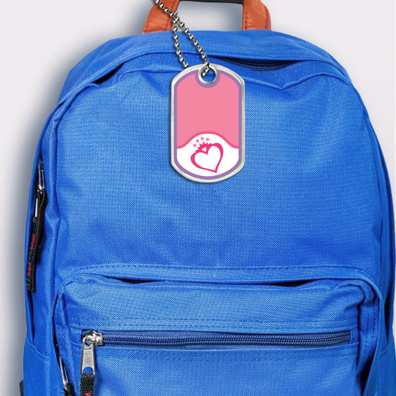 Princess design bag tag attached to backpack