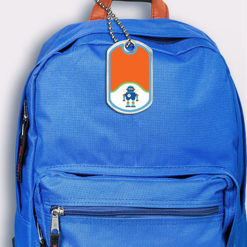 Robot design bag tag attached to backpack