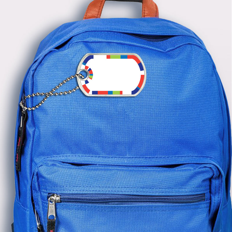 Blue stripes design bag tag attached to backpack