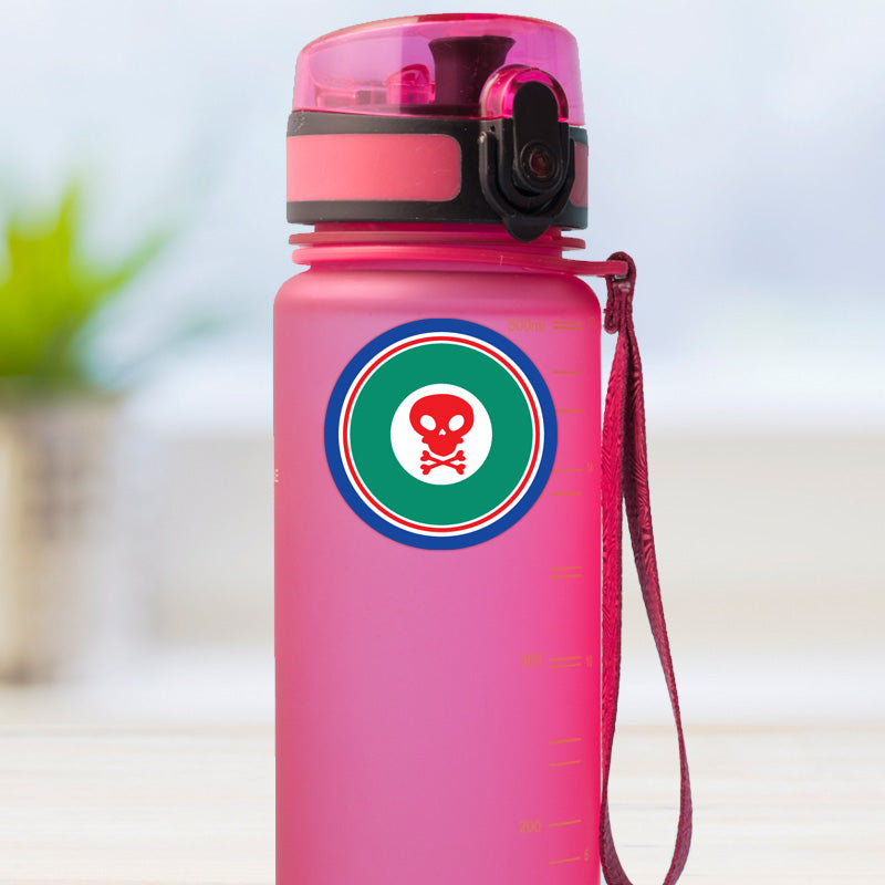 Crossbones design medium round stick on name label applied to a reusable water bottle