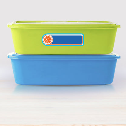 Basketball design name label applied to a tupperware food container