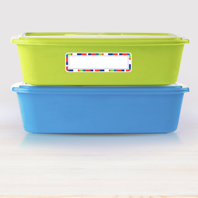 Blue stripes design name label applied to a Tupperware food container
