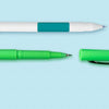 Teal design mini rectangle name label applied to a pen