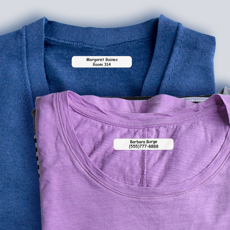 Iron on name tags ironed to a sweater and t-shirt