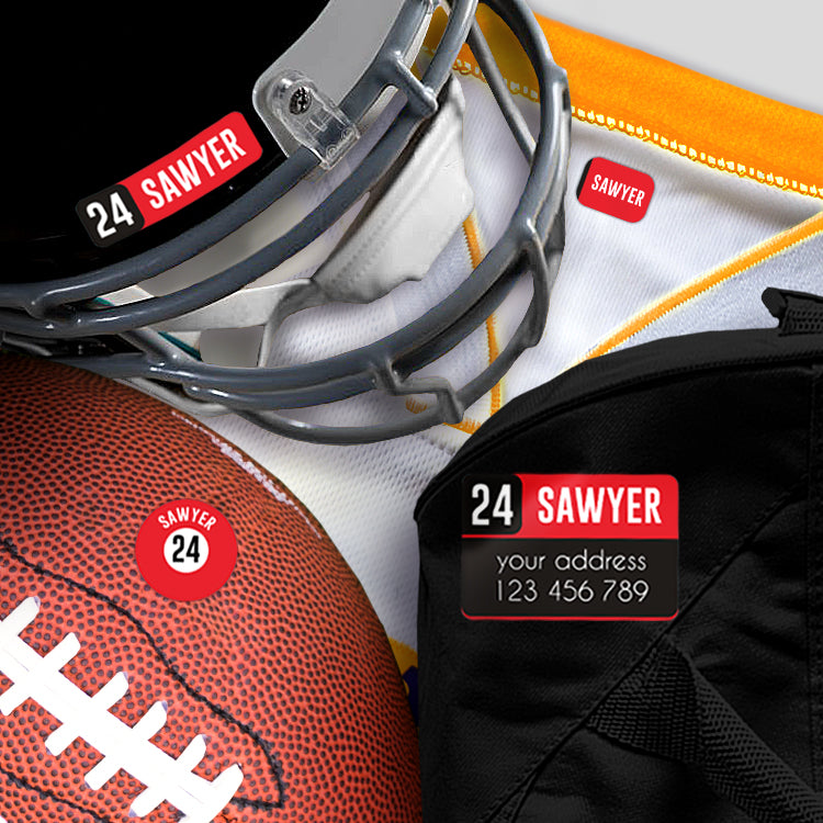 Personalized stick on name labels applied to sports jersey and football equipment